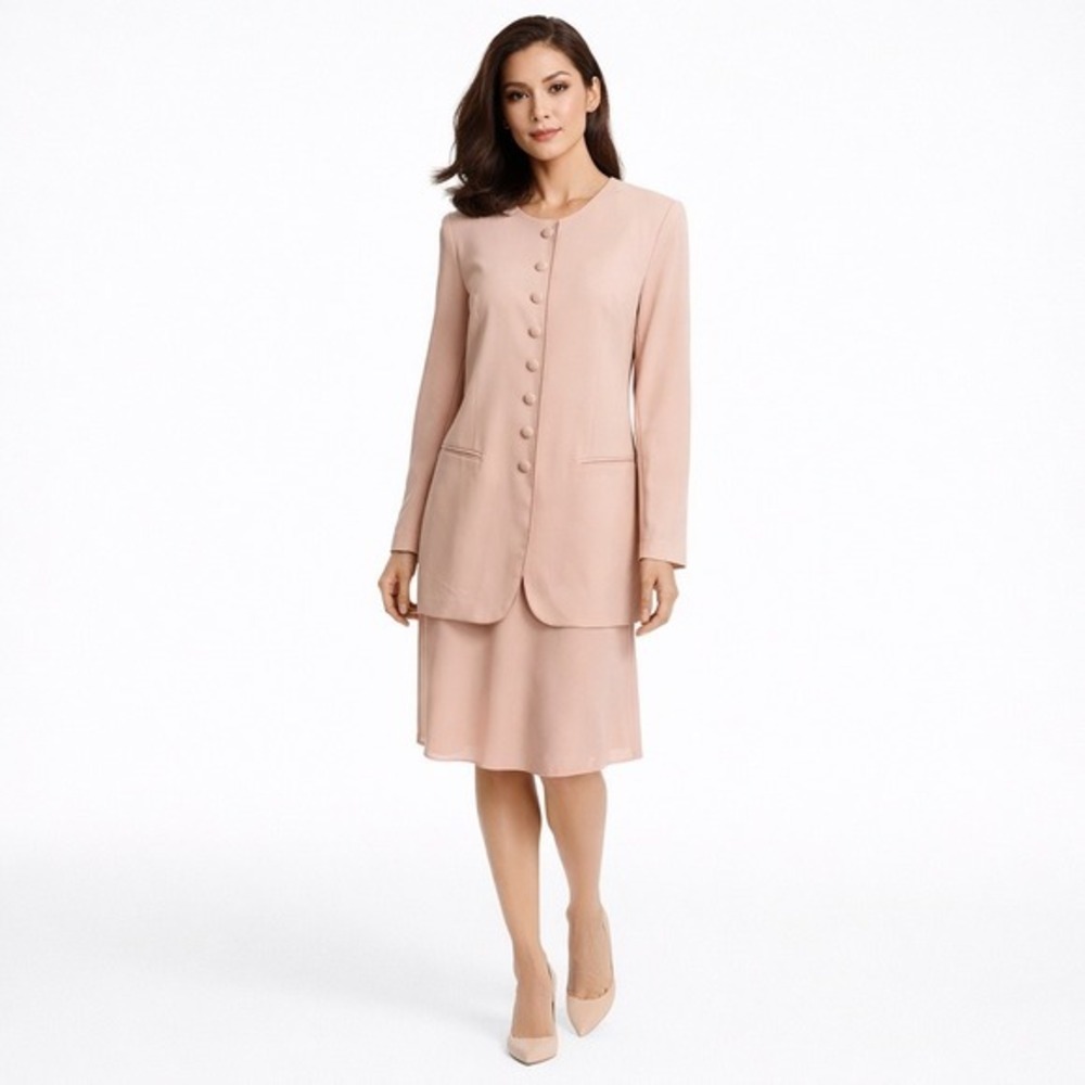 Neiman Marcus Vintage 100% Silk Dress Suit Pink Peach Blazer Set Size 12